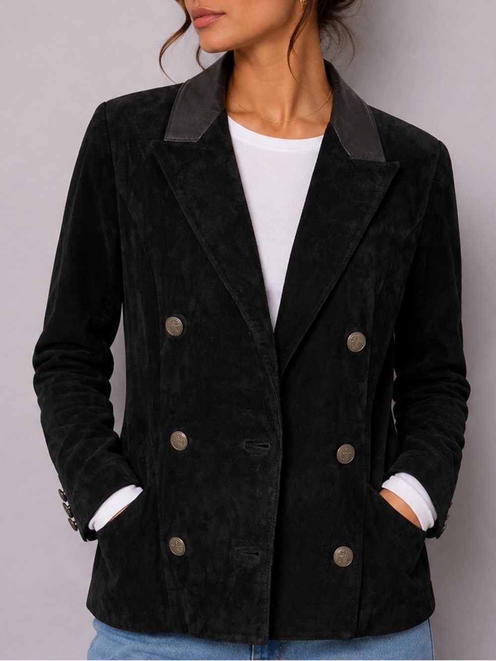 Vintage Danier Leather Jacket Double Breasted Suede 90s Preppy Shoulder Pads